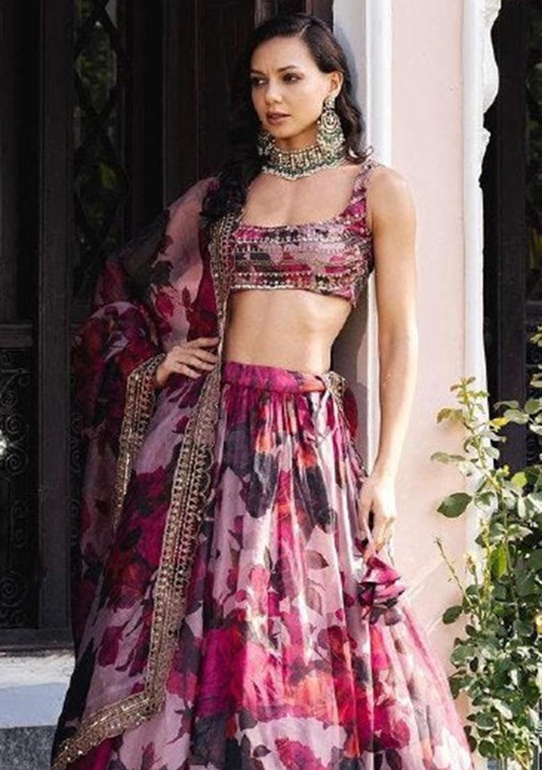 Multi Color Embroidered Silk Lehenga Set With Dupatta - Indya