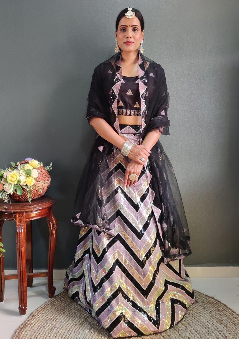 Multi Color Embroidered Silk Lehenga Set With Dupatta - Indya