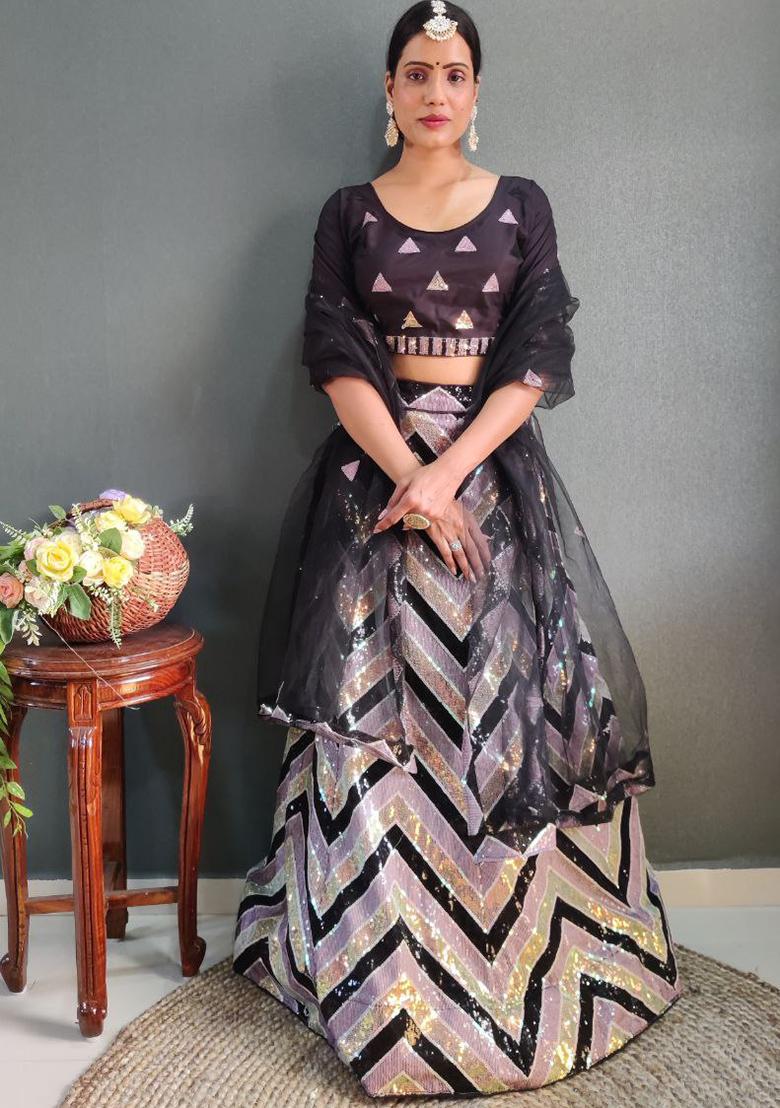 Multi Color Embroidered Silk Lehenga Set With Dupatta - Indya