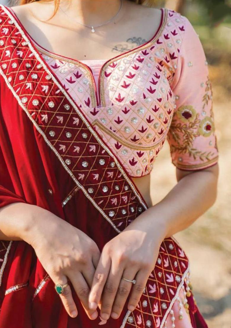 Multi Color Sequence Embroidery Silk Lehenga Set With Dupatta - Indya