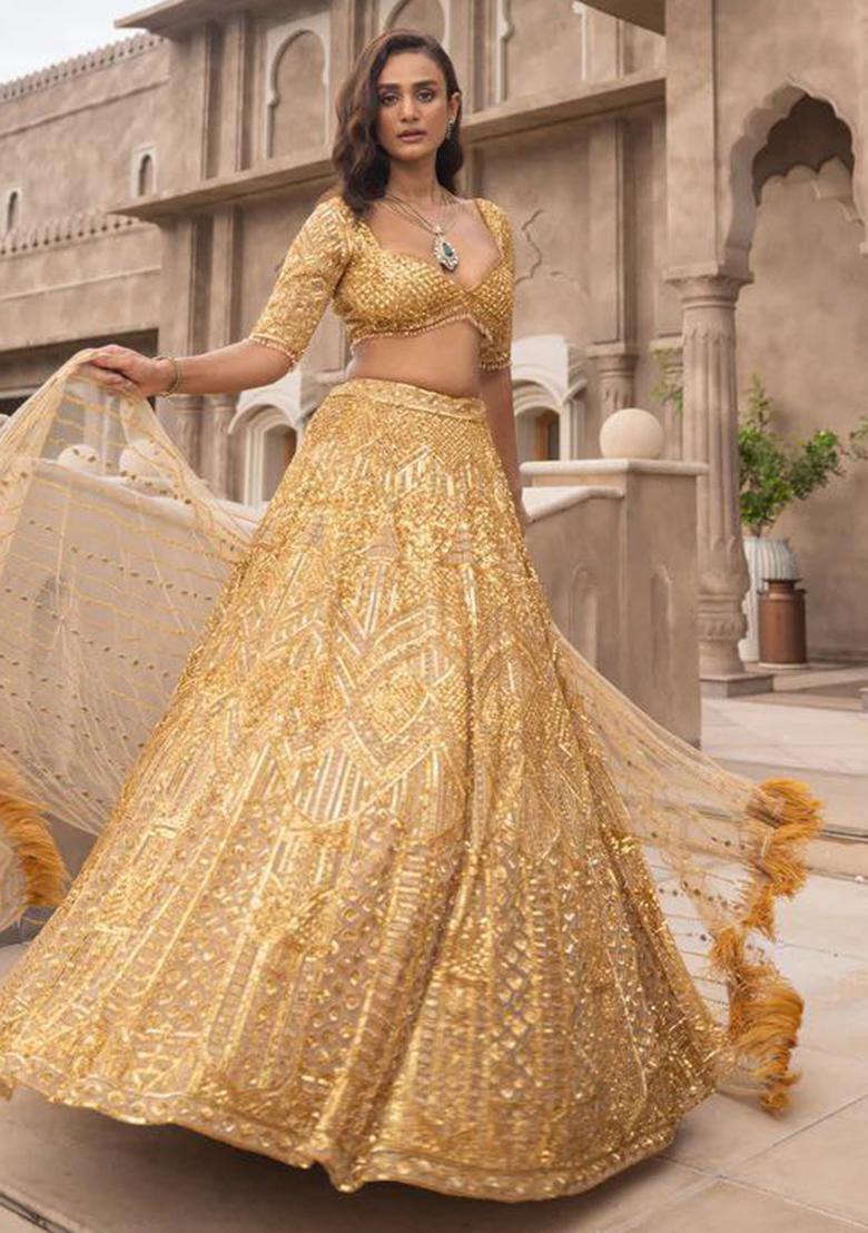 Multi Color Embroidered Silk Lehenga Set With Dupatta - Indya