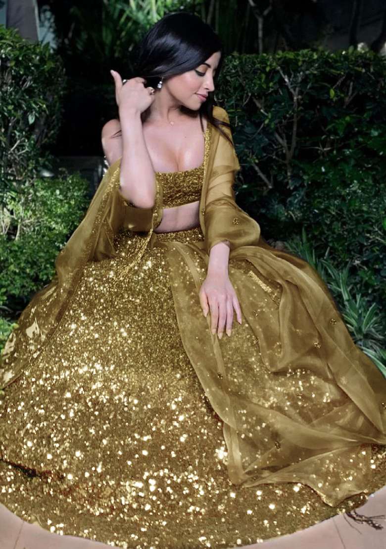 Golden With Dupatta Silk Blend Lehenga Set with Embroidered for Diwali | Wedding & Festive Wear - Indya