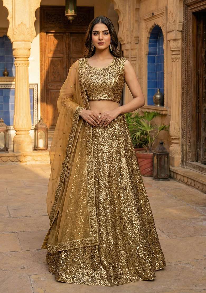 Golden With Dupatta Silk Blend Lehenga Set with Embroidered for Diwali | Wedding & Festive Wear - Indya