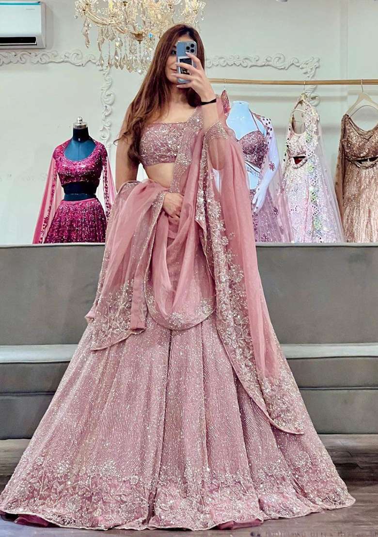 Multi Color Embroidered Georgette Lehenga Set With Dupatta - Indya