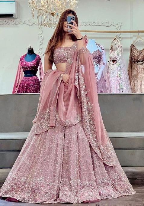 Multi Color Embroidered Georgette Lehenga Set With Dupatta