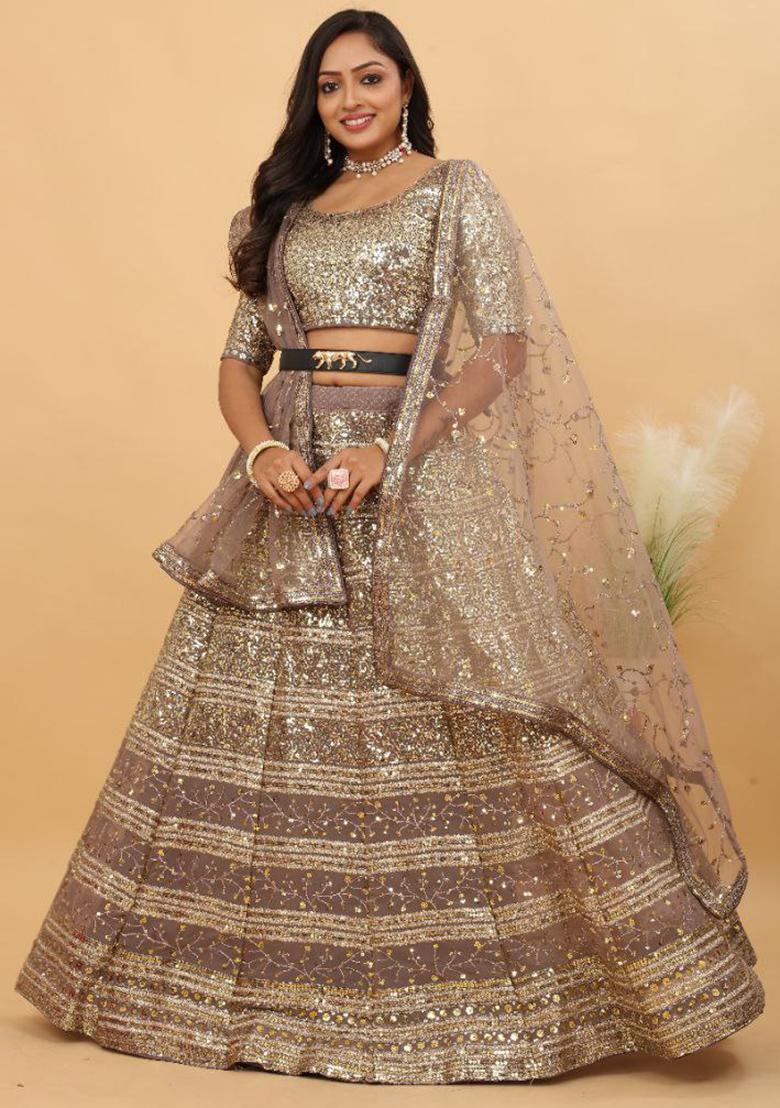 Multi Color Sequence Embroidery Georgette Lehenga Set With Dupatta - Indya