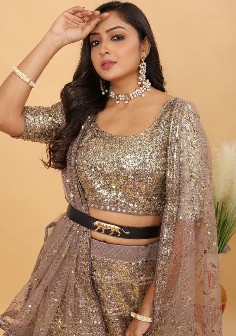 Multi Color Sequence Embroidery Georgette Lehenga Set With Dupatta - Indya