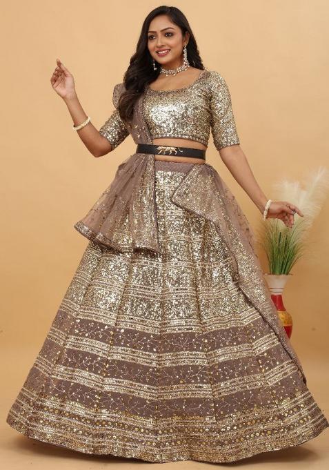 Multi Color Sequence Embroidery Georgette Lehenga Set With Dupatta