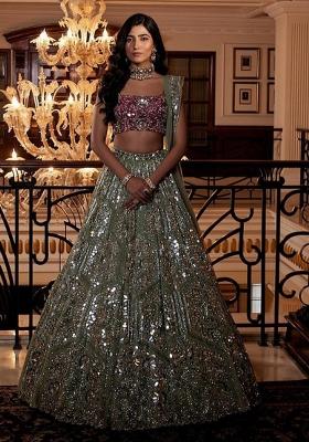 Multi Color Sequence Embroidery Georgette Lehenga Set With Dupatta