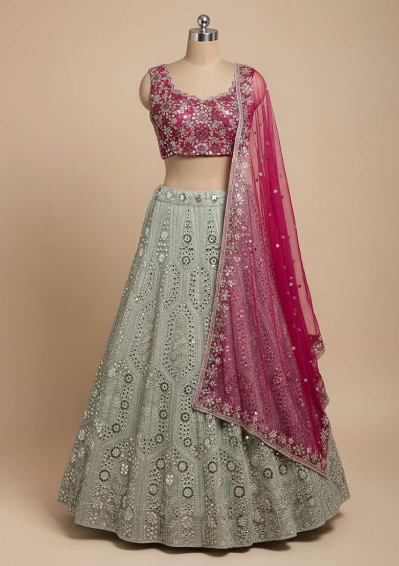 Multi Color Sequence Embroidery Georgette Lehenga Set With Dupatta for Diwali and Festive Wear - Indya