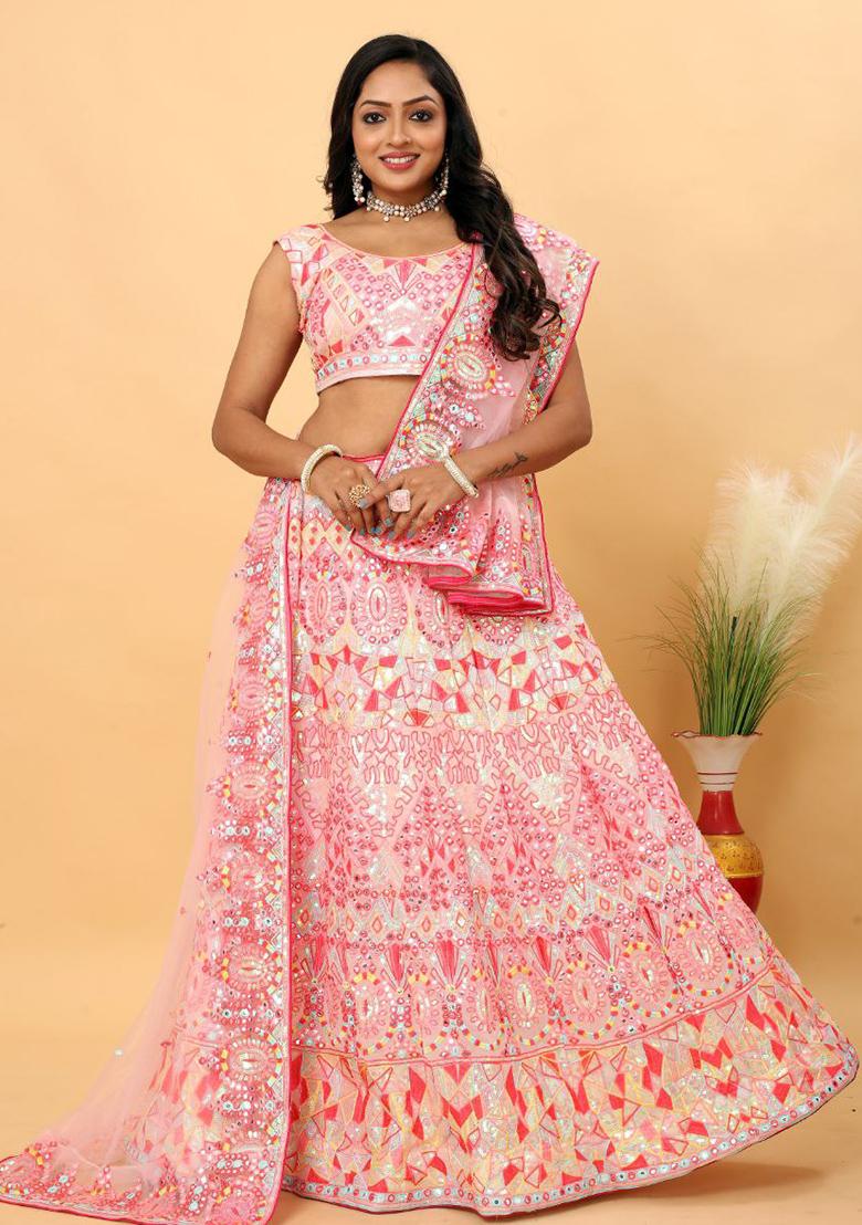 Multi Color Embroidered Georgette Lehenga Set With Dupatta - Indya