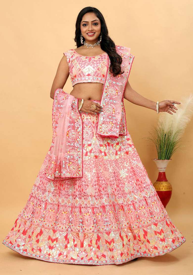 Multi Color Embroidered Georgette Lehenga Set With Dupatta for Diwali and Festive Wear - Indya
