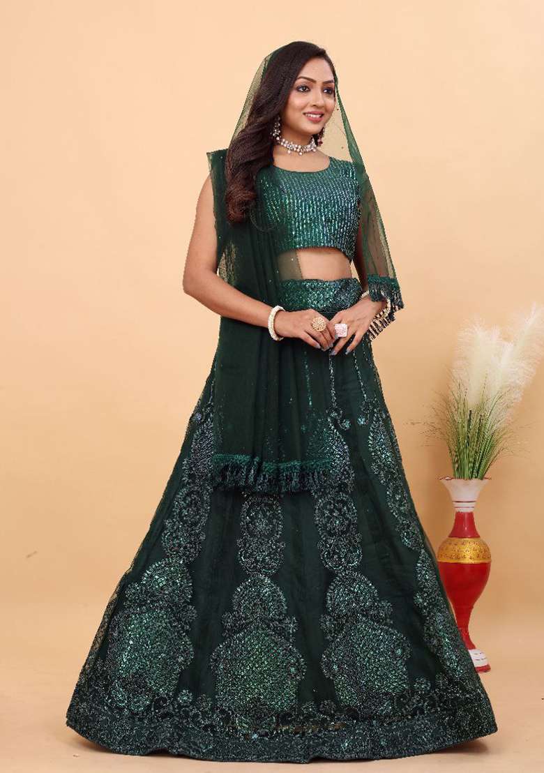 Multi Color Embroidered Silk Blend Lehenga Set With Dupatta for Diwali and Festive Wear - Indya