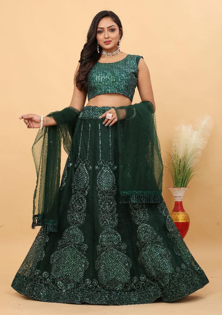 Multi Color Embroidered Silk Lehenga Set With Dupatta - Indya