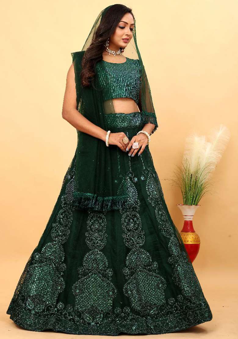 Multi Color Embroidered Silk Blend Lehenga Set With Dupatta for Diwali and Festive Wear - Indya