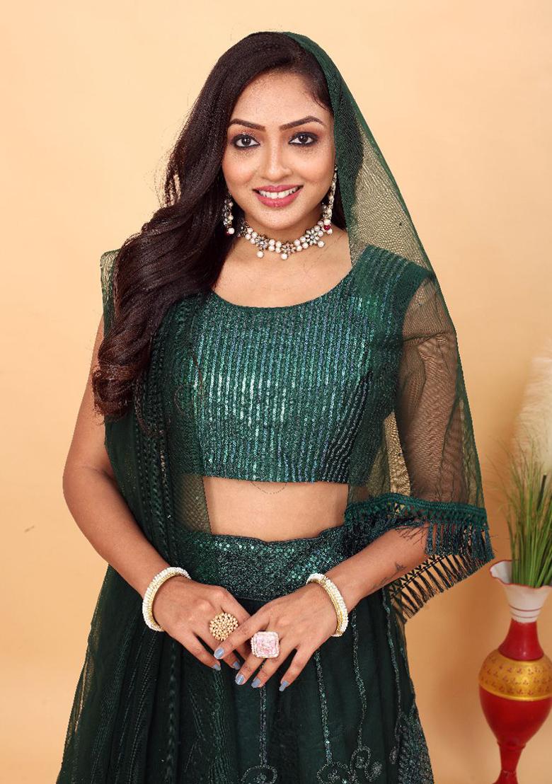 Multi Color Embroidered Silk Lehenga Set With Dupatta - Indya