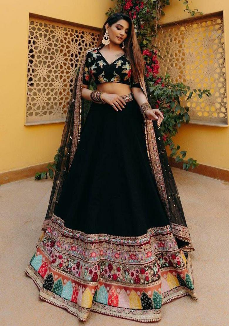 Multi Color Embroidered Georgette Lehenga Set With Dupatta - Indya
