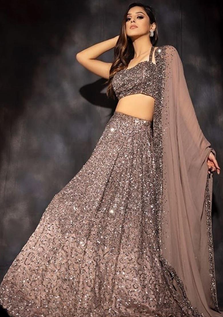 Multi Color Embroidered Georgette Lehenga Set With Dupatta - Indya