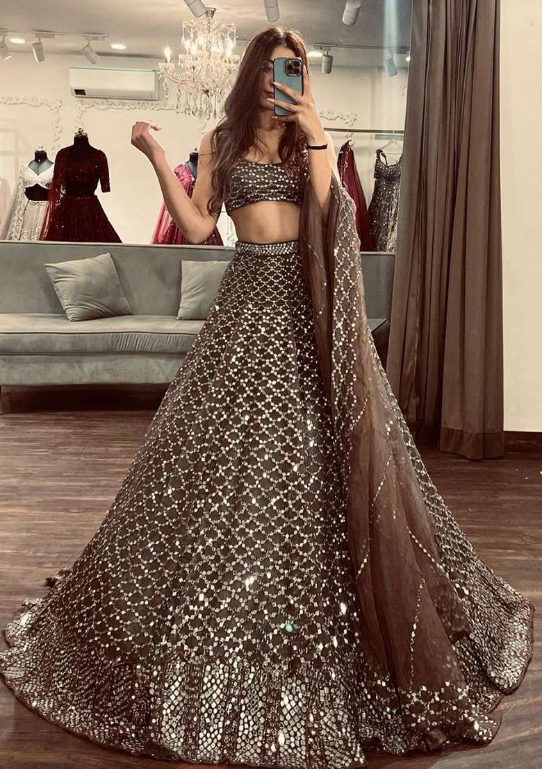 Multi Color Embroidered Silk Blend Lehenga Set With Dupatta - Indya