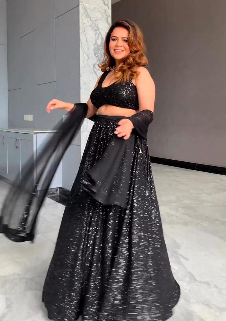 Multi Color Embroidered Georgette Lehenga Set With Dupatta - Indya