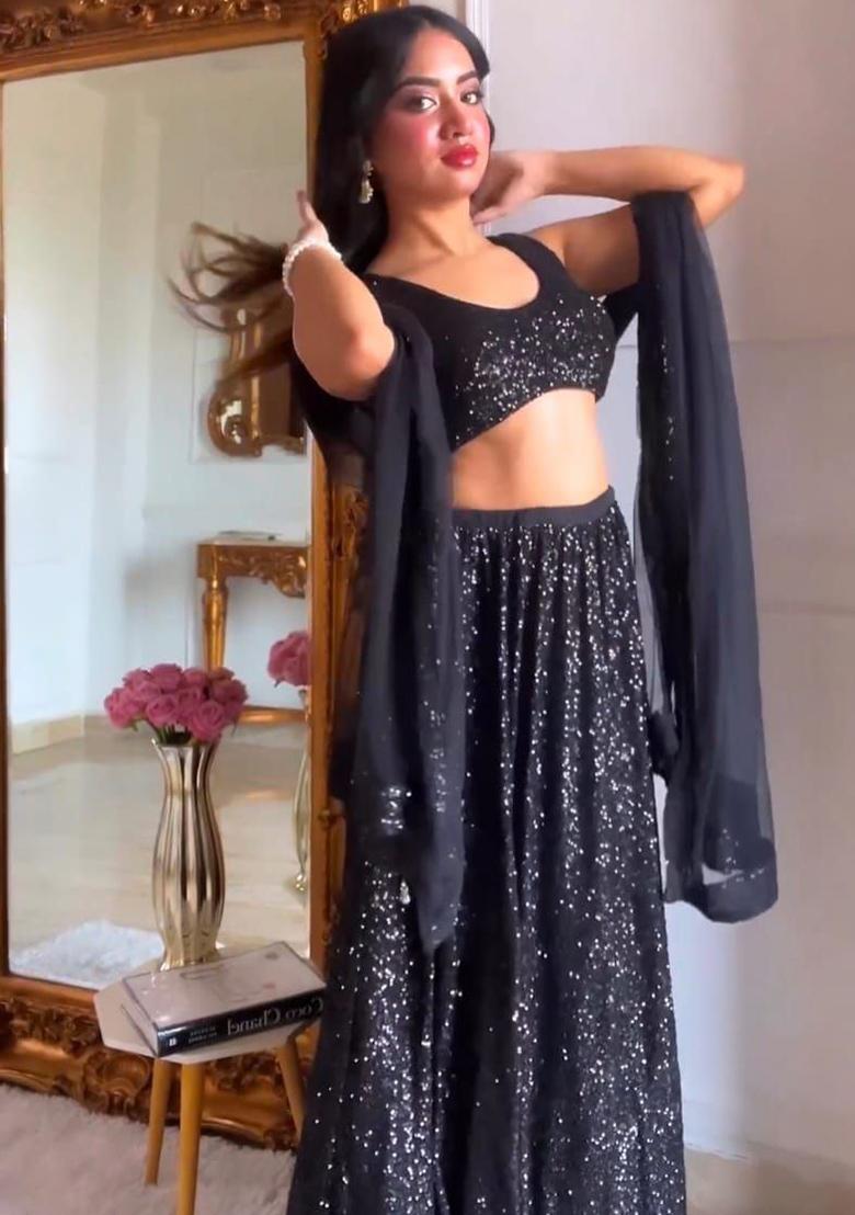 Multi Color Embroidered Georgette Lehenga Set With Dupatta - Indya