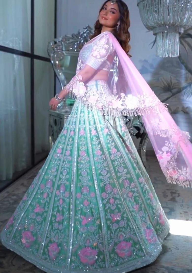 Multi Color Sequence Embroidery Net Lehenga Set With Dupatta - Indya