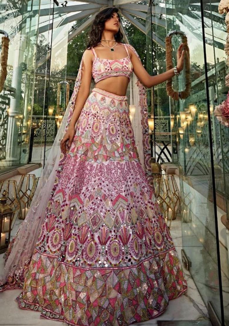 Multi Color Sequence Embroidery Georgette Lehenga Set With Dupatta - Indya