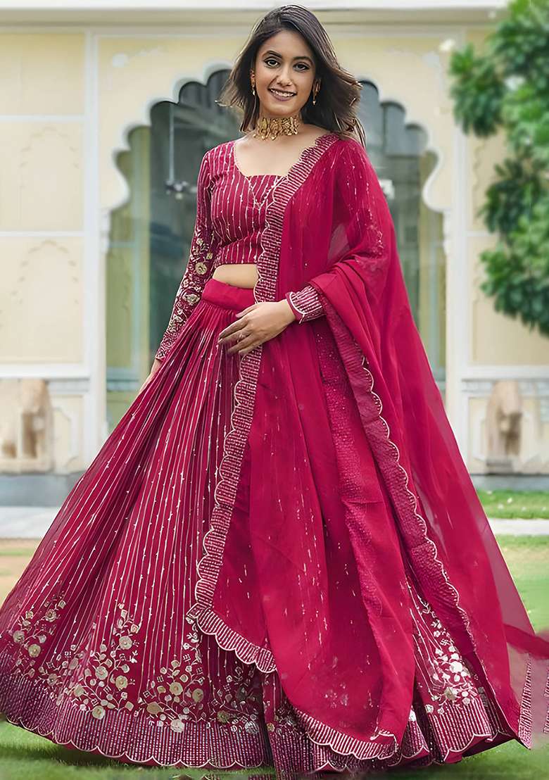 Multi Color Embroidered Georgette Lehenga Set With Dupatta - Indya