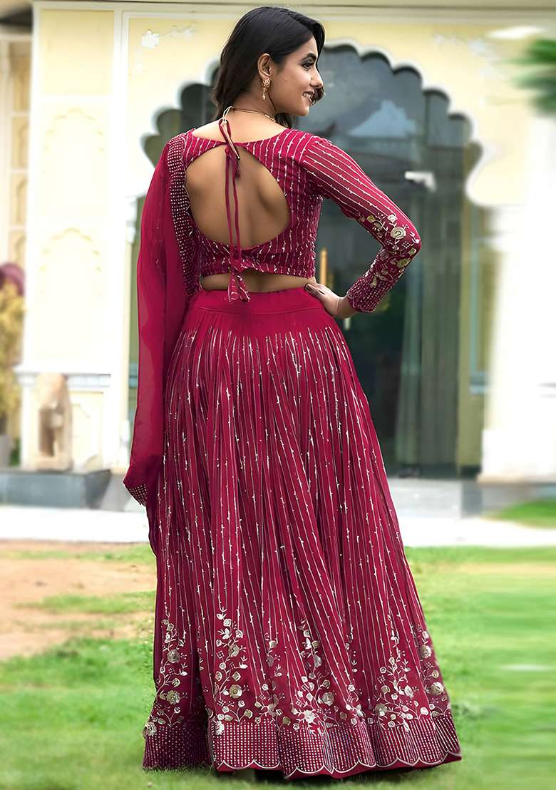 Multi Color Embroidered Georgette Lehenga Set With Dupatta - Indya