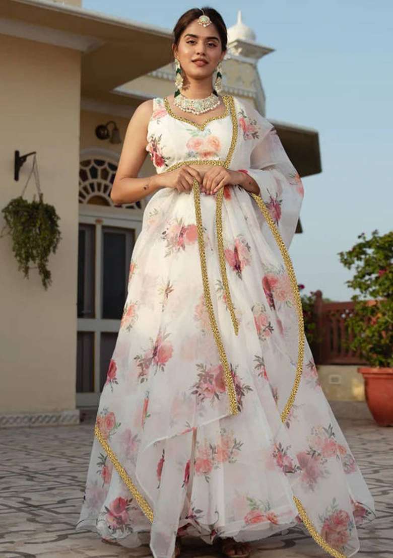 White Embroidered Net Lehenga Set With Dupatta - Indya
