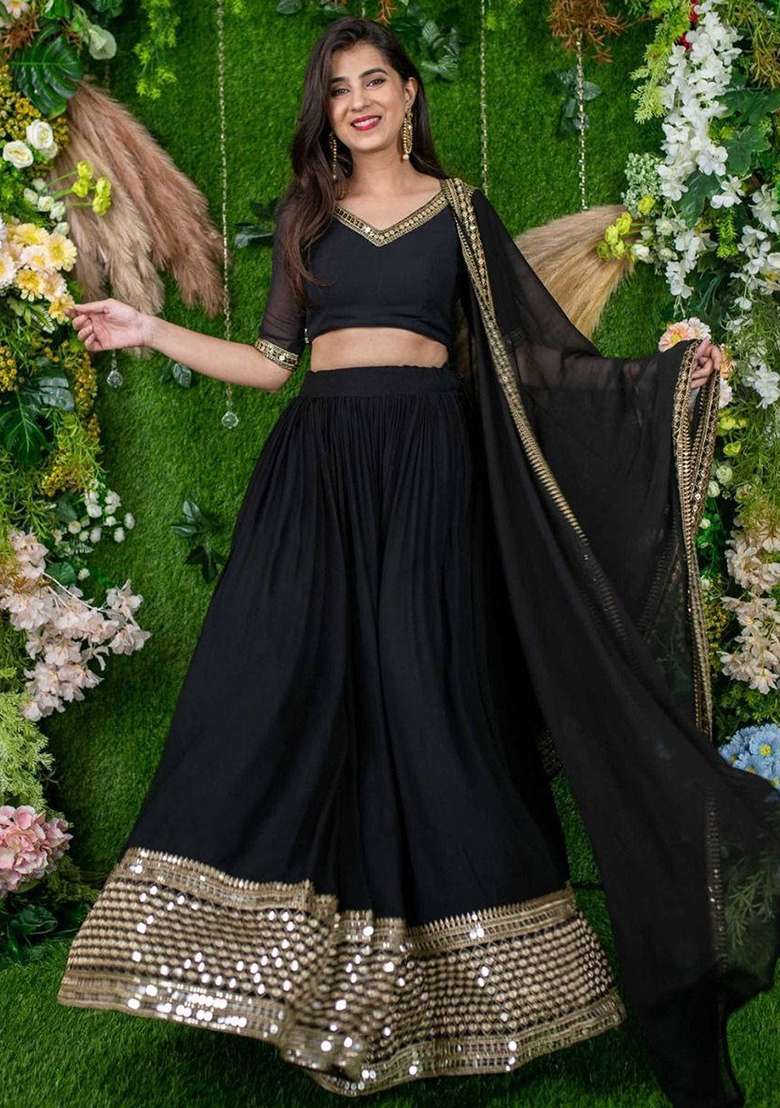 Black Embroidered Georgette Lehenga Set With Dupatta - Indya