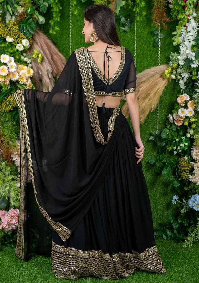 Black Embroidered Georgette Lehenga Set With Dupatta - Indya