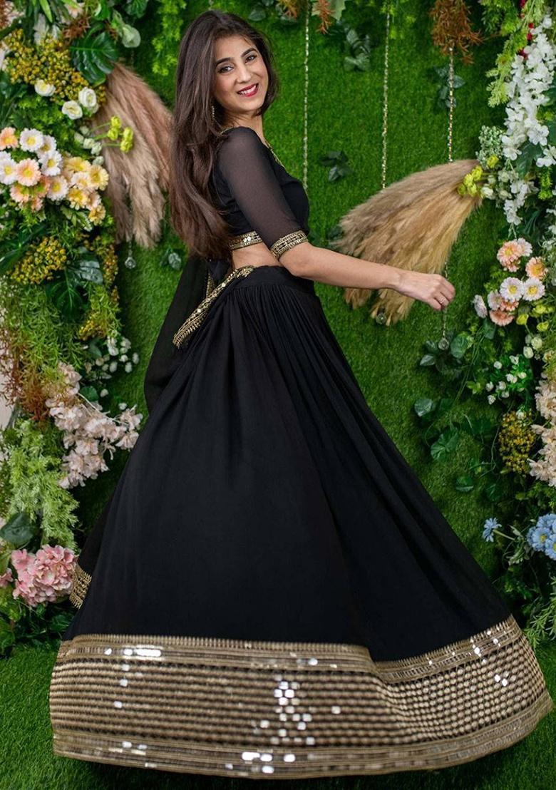 Black Embroidered Georgette Lehenga Set With Dupatta - Indya