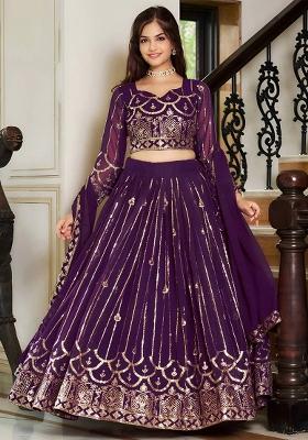 Purple Embroidered Georgette Lehenga Set With Dupatta