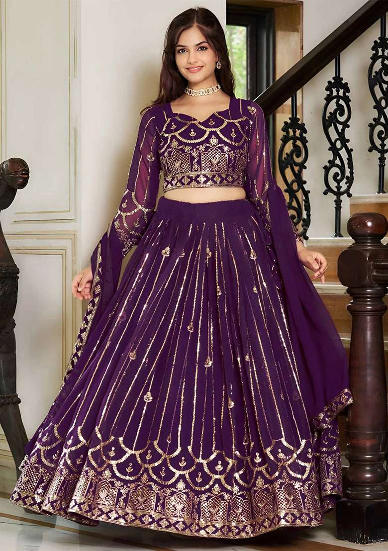 Purple Embroidered Georgette Lehenga Set With Dupatta - Indya