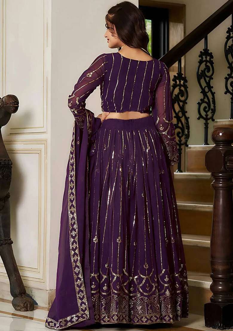 Purple Embroidered Georgette Lehenga Set With Dupatta - Indya