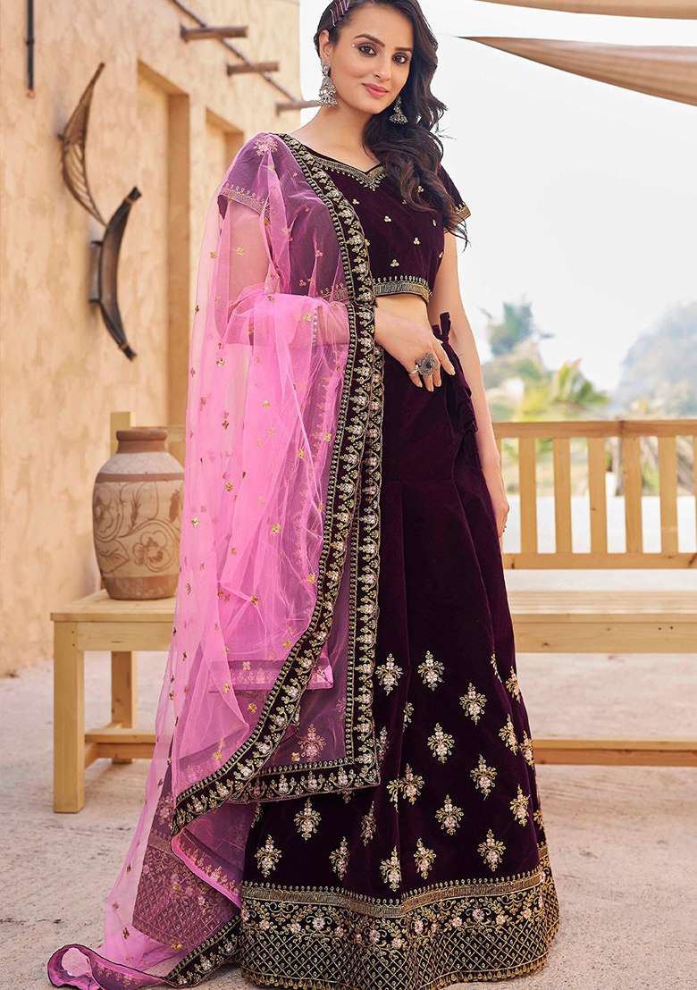 Multi Color Embroidered Net Lehenga Set With Dupatta - Indya