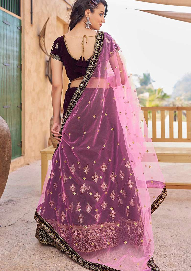 Multi Color Embroidered Net Lehenga Set With Dupatta - Indya