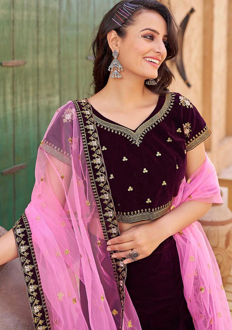 Multi Color Embroidered Net Lehenga Set With Dupatta - Indya