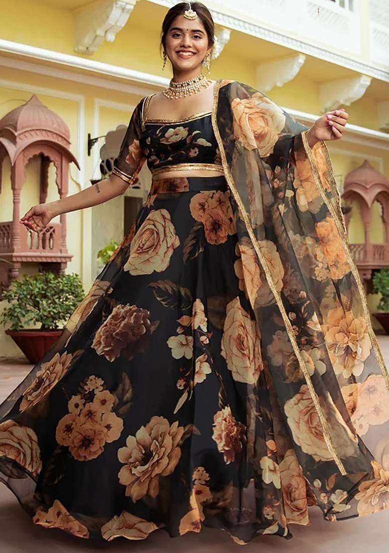 Multi Color Embroidered Net Lehenga Set With Dupatta - Indya