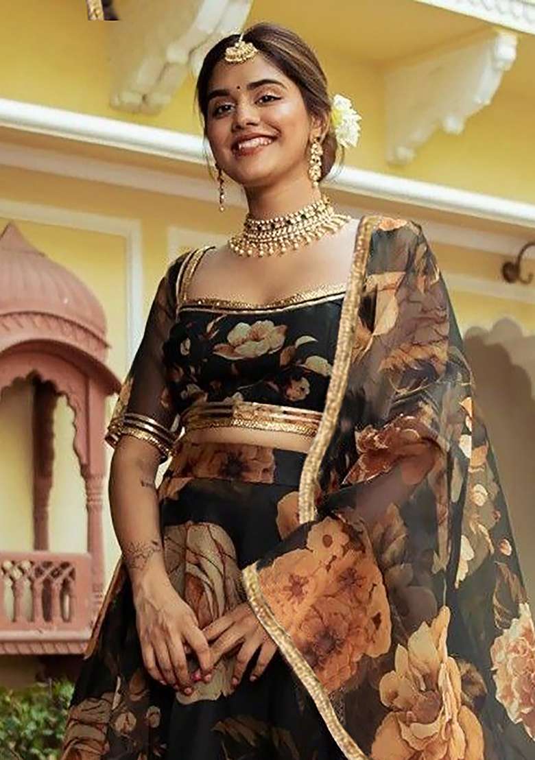 Multi Color Embroidered Net Lehenga Set With Dupatta - Indya