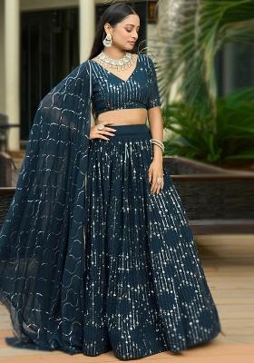 Multi Color Embroidered Georgette Lehenga Set With Dupatta