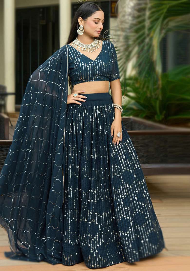Multi Color Embroidered Georgette Lehenga Set With Dupatta - Indya