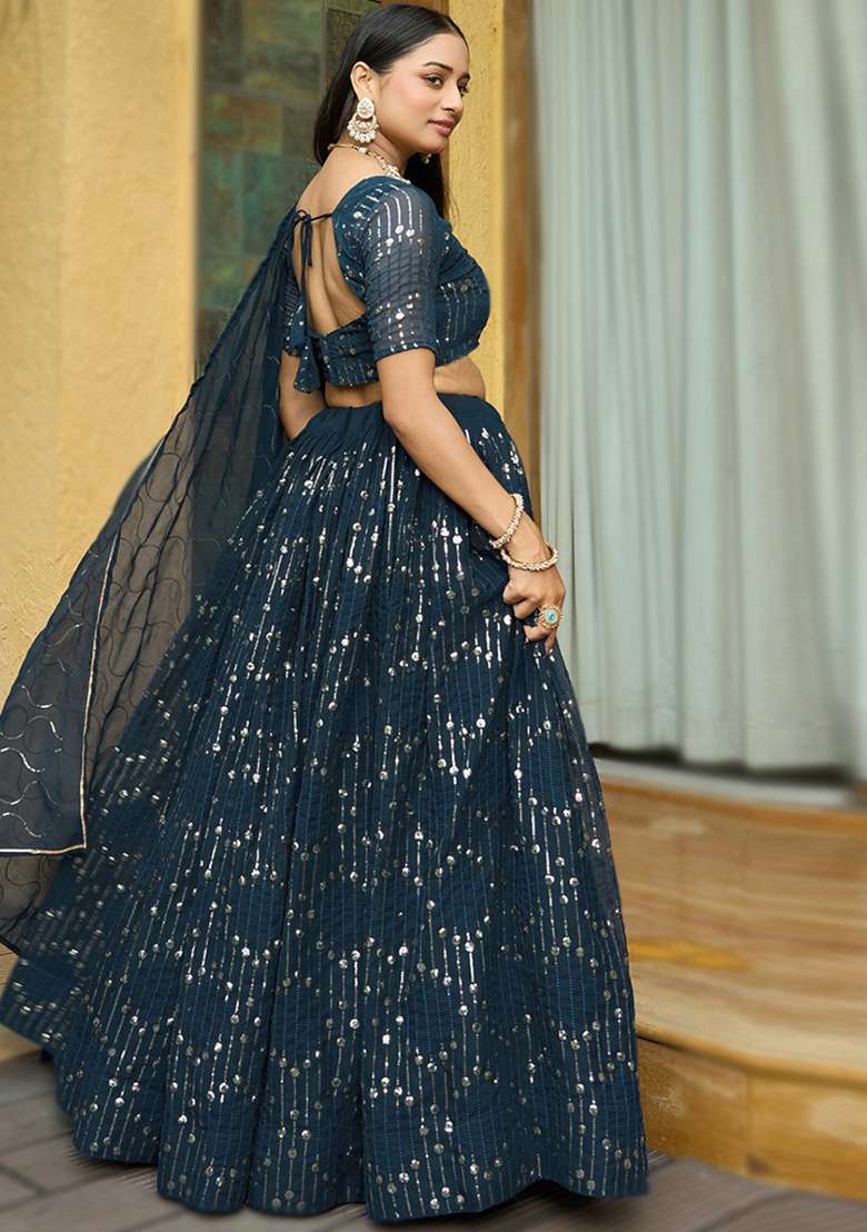 Multi Color Embroidered Georgette Lehenga Set With Dupatta - Indya