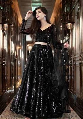 Black Embroidered Net Lehenga Set With Dupatta