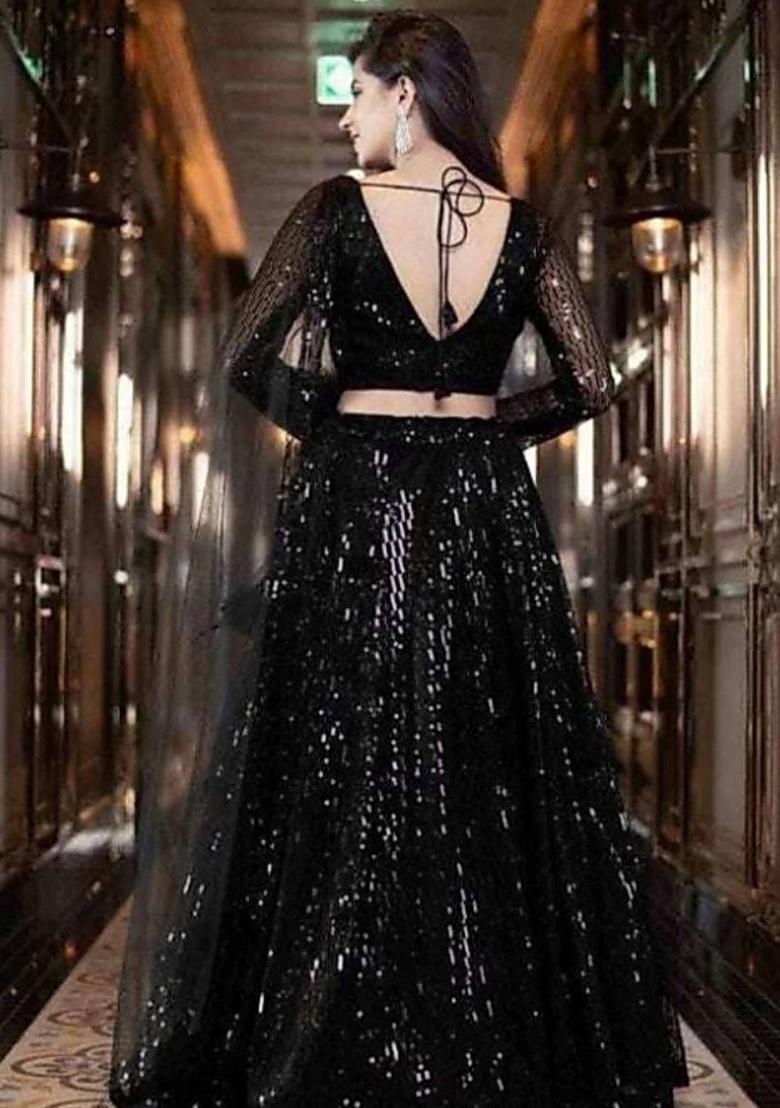 Black Embroidered Net Lehenga Set With Dupatta - Indya