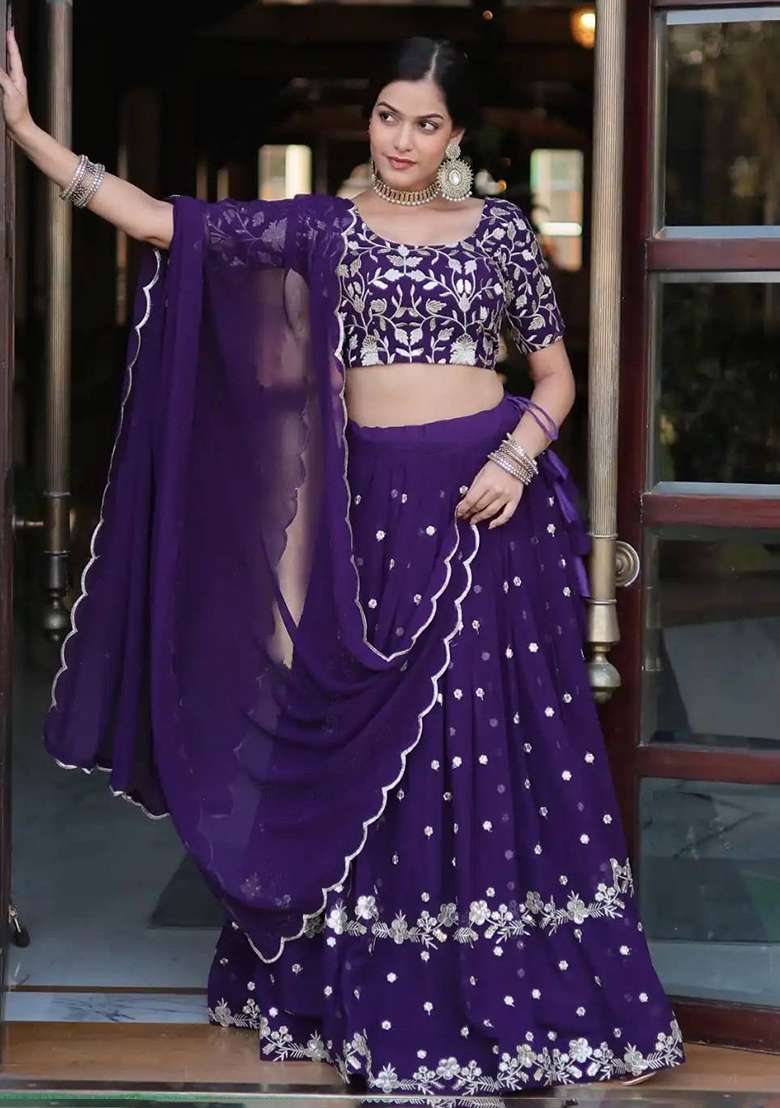 Multi Color Embroidered Georgette Lehenga Set With Dupatta - Indya
