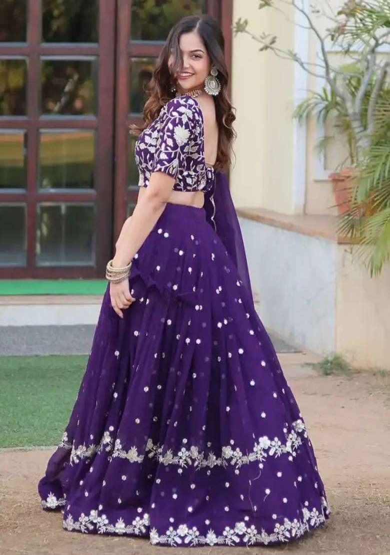 Multi Color Embroidered Georgette Lehenga Set With Dupatta - Indya
