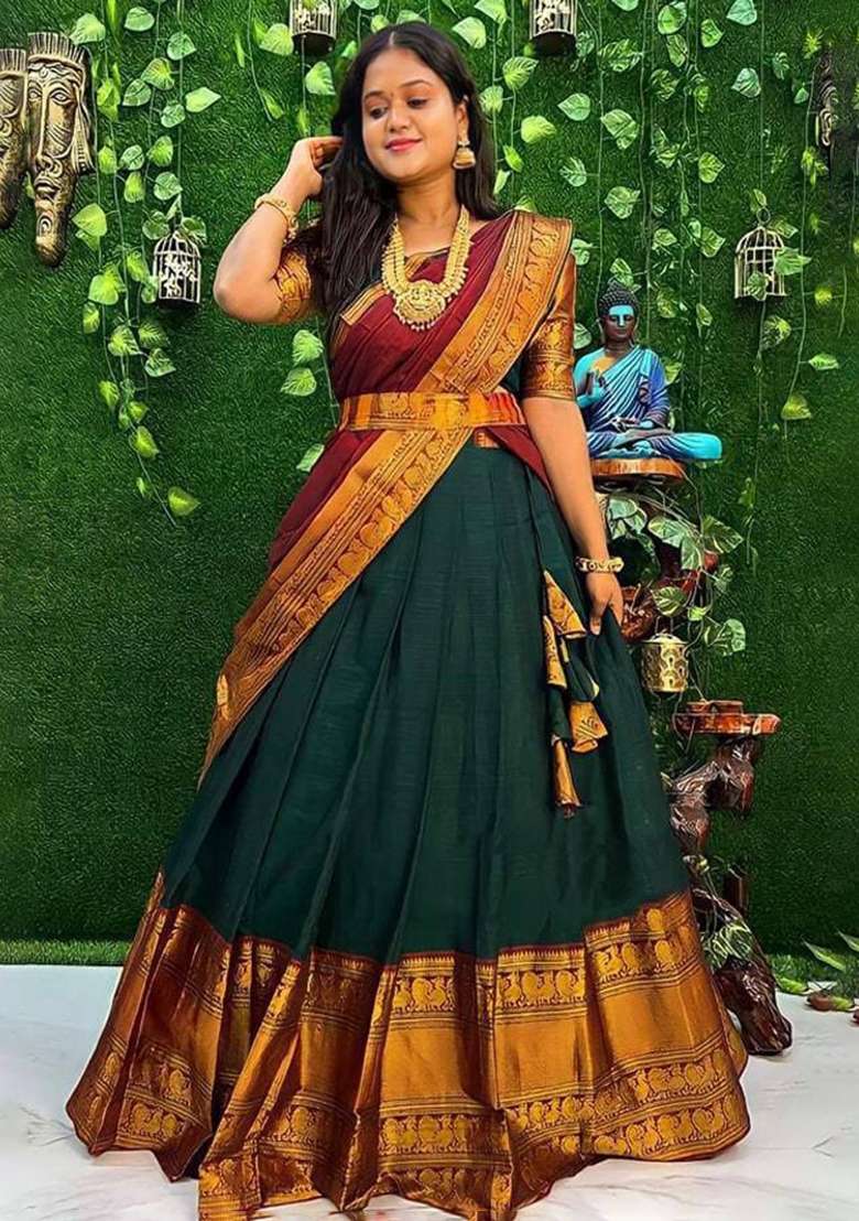 Multi Color Embroidered Jacquard Lehenga Set With Dupatta - Indya
