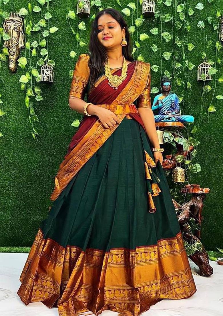Multi Color Embroidered Jacquard Lehenga Set With Dupatta - Indya